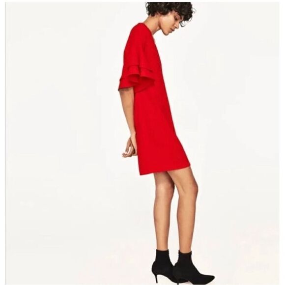 Zara woman red shift mini dress ruffle sleeves XS - Picture 4 of 8